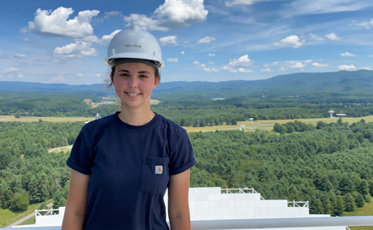 Glenville State College graduate Emma Yokum on the job as Safety Officer at the Green Bank Observatory, pictured here 450 feet up on the receiver deck of the Green Bank Telescope | Photo Courtesy of NSF, Green Bank Observatory