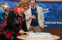 Interim President Dr. Kathy Nelson cuts the Founder's Day cake as part of the 2020 Day of Giving celebration earlier this year (GSC Photo/Kristen Cosner)