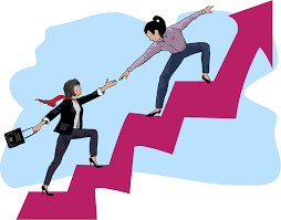 Clipart - two women helping each other up an arrow shaped like stairs
