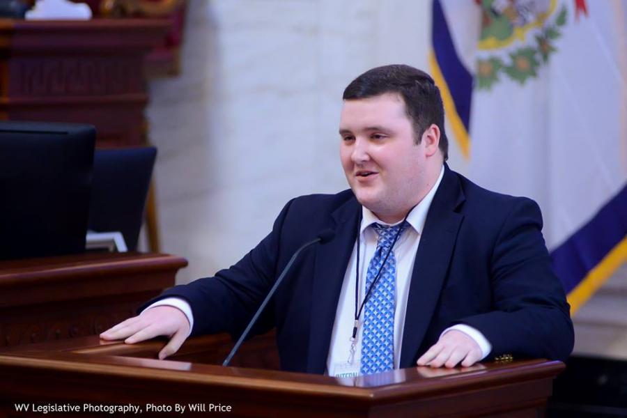 Wesley Self, a GSC sophomore, addresses members of the WV Senate | Photo by Will Price