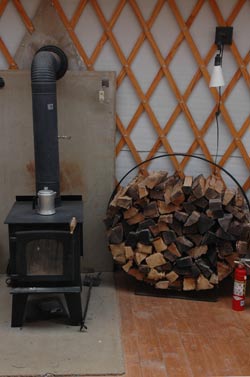 Wood stove that heats Brown's yurt.