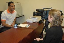 Glenville State College Student Activities Director Kipp Colvin is interviewed by WDTV - TV 5 Reporter Katelyn Sykes about a grant GSC received to hold a April 1, 2008 town hall meeting to raise awareness about underage drinking prevention.