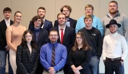 Glenville State University Department of Business Distinguished Students 2023 (l-r; front row) Haylen Book, Hunter Lemon, Faith Byerly; (middle row) Aline Février, Garrett Watts, Charles Copeland, Avery Book, Samuel McNeil; (back row) Jacob Mattox, Christian Ramsey, Dakota Deel, Justin Tucker, Ian Pomeroy. Not pictured: Abigail McDermott, Ashton Palmer, Jaycie Johnson, Taylor Oldaker, Emma McLean, Ryan Rodriguez, and Tiffany Cole. (GSU Photo/Seth Stover)