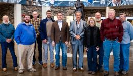 (l-r) Chester Shoals, Cody Moore, Rick Sypolt, Charlie Warino, Jason Harshbarger, Dr. Mark Manchin, Jane Cain, Tom Snyder, Bud Sponaugle, and Pat Nestor inside the Waco Center at Glenville State University. Warino and Harshbarger were on hand to present a $5,000 donation from BHE GT&S for the Pioneer Nature Trail. (GSU Photo/Kristen Cosner)