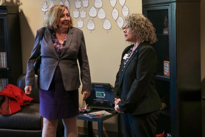 Maureen Hoyler (left), President for the Council for Opportunity in Education, tours Glenville State College’s Student Support Services office with Bridget Carr, one of GSC’s Student Support Services Teacher/Counselors.