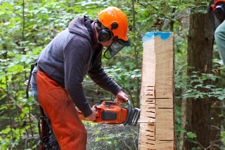 Glenville State University Natural Resource Management student Corey Foster practices making a bore cut during the recent Timber Felling and Chainsaw Safety Workshop with the West Virginia Division of Forestry. (GSU Photo/Dustin Crutchfield)