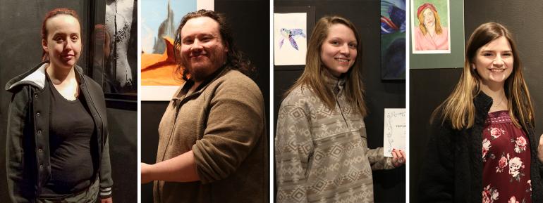 2019 Juried Student Art Show Winners (l-r) Brittani Kosan (First Place), Matt Welch (Second Place), Larissa Henry (Third Place), Kaitlin Corbitt (Honorable Mention) 2019 Juried Student Art Show Winners (l-r) Brittani Kosan (First Place), Matt Welch (Second Place), Larissa Henry (Third Place), Kaitlin Corbitt (Honorable Mention)