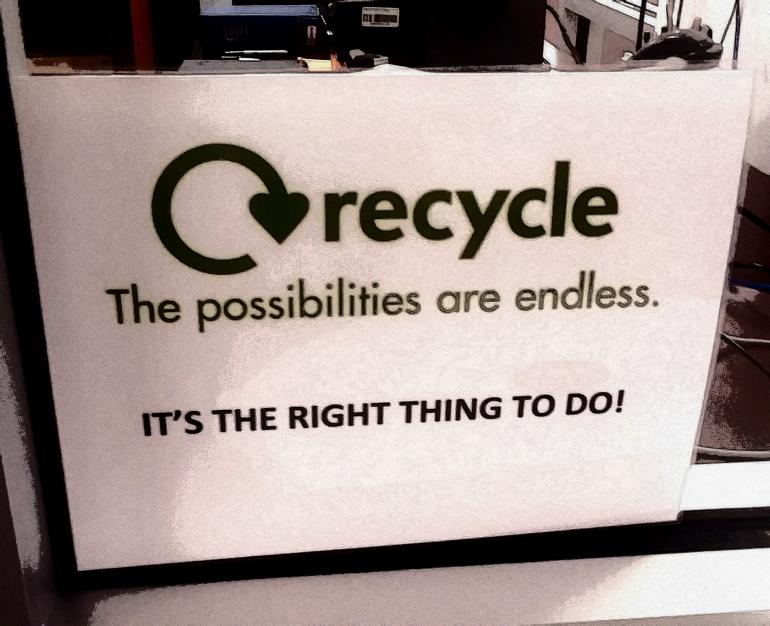 Recycle! Recycling poster located in the Robert F. Kidd Library