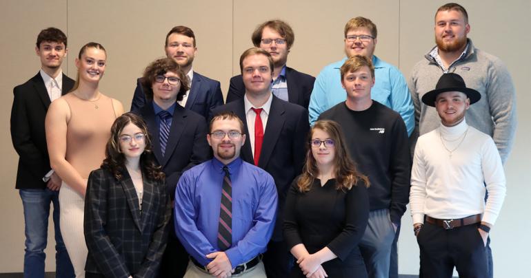 Glenville State University Department of Business Distinguished Students 2023 (l-r; front row) Haylen Book, Hunter Lemon, Faith Byerly; (middle row) Aline Février, Garrett Watts, Charles Copeland, Avery Book, Samuel McNeil; (back row) Jacob Mattox, Christian Ramsey, Dakota Deel, Justin Tucker, Ian Pomeroy. Not pictured: Abigail McDermott, Ashton Palmer, Jaycie Johnson, Taylor Oldaker, Emma McLean, Ryan Rodriguez, and Tiffany Cole. (GSU Photo/Seth Stover)