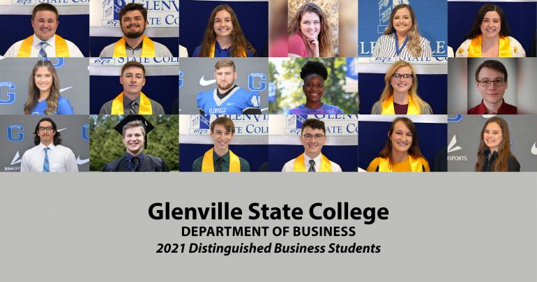 Distinguished Business Students 2021 Glenville State College 2021 Distinguished Business Students; (l-r, descending) Jacob Arden, Brian Chaney, Leslee Coffman, Tiffany Cole, Madisyn Furr, Nicole Hansen, Kenzie Johnson, Dalton Law, Ellis Lilly, Oluwatobi “Tobi” Oladapo, MacKenzie Petry, Steven Pritt, Joseph Rubalcaba, Carter Springer, Jacob Stout, Seth Stover, Jasmine Tarman, and Alyssa Woods.