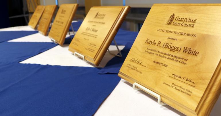 Plaques on display before the 2020 Glenville State College Alumni Banquet (GSC Photo/Dustin Crutchfield)