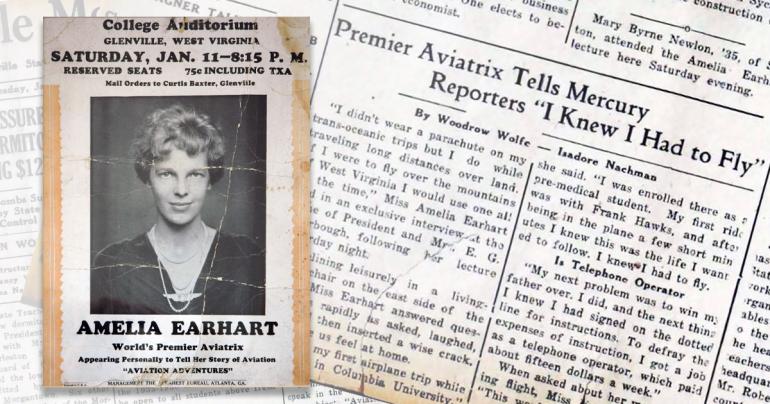 This composite image shows the promotional poster for Amelia Earhart's visit to Glenville State College in 1936 and a portion of her interview with the Glenville State student newspaper.