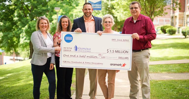Representatives from Aramark Collegiate Hospitality and Glenville State University pose with a presentation check for dining renovations at Glenville State. Pictured (l-r) Alicia Gaul, Lisa Smarr, Brett Ridgway, Rita Hedrick Helmick, and Bert Jedamski. (GSU Photo/Kristen Cosner)