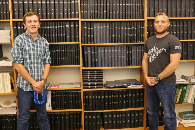 Glenville State College students Asa Dick (left) and Jacob Petry (right) have both successfully passed the Fundamentals of Surveying exam on their first take (GSC Photo/Dustin Crutchfield)