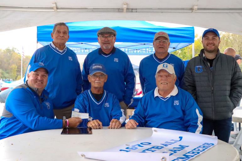 Establishing donors of the Glenville State College Athletic Trainer Scholarship with GSC’s Vice President for Advancement, David Hutchison, and Director of Alumni Relations, Conner Ferguson. Seated (l-r) David Hutchison, Gary Ray, and Ron Duncan; standing Stewart “Mike” Roscoe, Steve Ash, Virgil “Pee Wee” Lacey, and Conner Ferguson. (GSC Photo/Dustin Crutchfield)