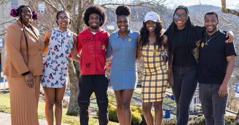 Black Student Union 2023 Members of Glenville State University’s Black Student Union; (l-r) Advisor Olivea Norris, Koschinya Jefferson, Robert Glover, Tobi Oladapo, Adria Chapple, Angela Ejimofor, and Otis Cox. (GSU Photo/Kristen Cosner)