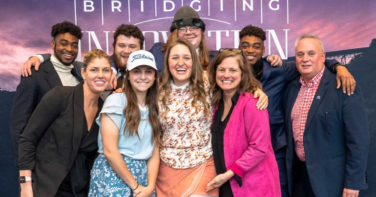 Business Plan Competition 2022 (l-r) Marshawn Kelley, Kristen Tunno-Mullins, Trenton Holcomb, Delaney Lohr, Avalon Green, Jonathan Williams, Leslie Mason, Marcus Kelley, and Dr. Mark Sarver. | Photo by J. Alex Wilson