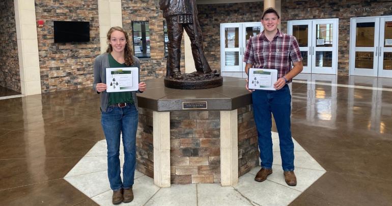 Glenville State College Forest Technology students Cora Hedrick (left) and Adam Osborne (right) with their Council of Eastern Forest Technician Schools Honor Society certificates.