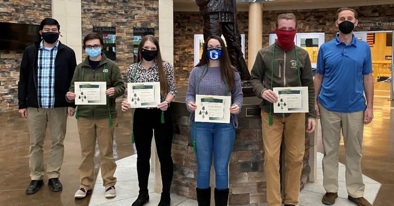 (l-r) Glenville State College Department of Land Resources Chair Dr. Rico Gazal, Lexi Pletcher, Heather Moore, Katlyne Rollyson, Marc Radcliff, and Associate Professor of Forestry Dr. Brian Perkins. Pletcher, Moore, Rollyson, and Radcliff are all Forest Technology students at Glenville State College who were recently named to the CEFTS Honor Society.