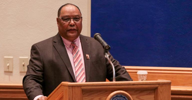 Dr. Cicero Fain speaks at Glenville State College as part of the College’s Department of Social Science speaker series. Fain’s presentation centered on the topic of “Black Entrepreneurial Spirit, Black Huntington, WV, 1871-1929.” (GSC Photo/Kristen Cosner)