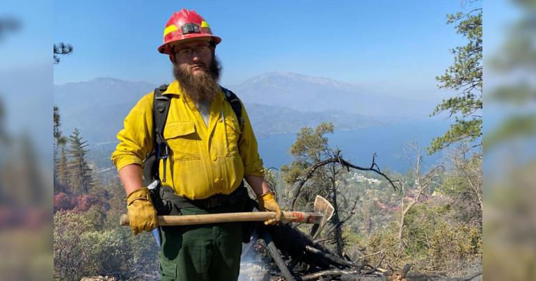 Glenville State University graduate and West Virginia Division of Forestry employee Cody Mullens during a wildland firefighting deployment to western states in the summer of 2022. A scholarship is being established at Glenville State in his memory. (Courtesy photo)