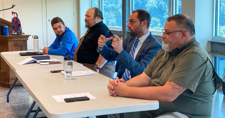 Glenville State University Department of Social Science faculty members (l-r) Dr. Josh Squires, Dr. Bob Hutton, Luke Bendick, and Dr. Tim Konhaus answer questions as part of a recently held panel discussion. (Submitted photo)