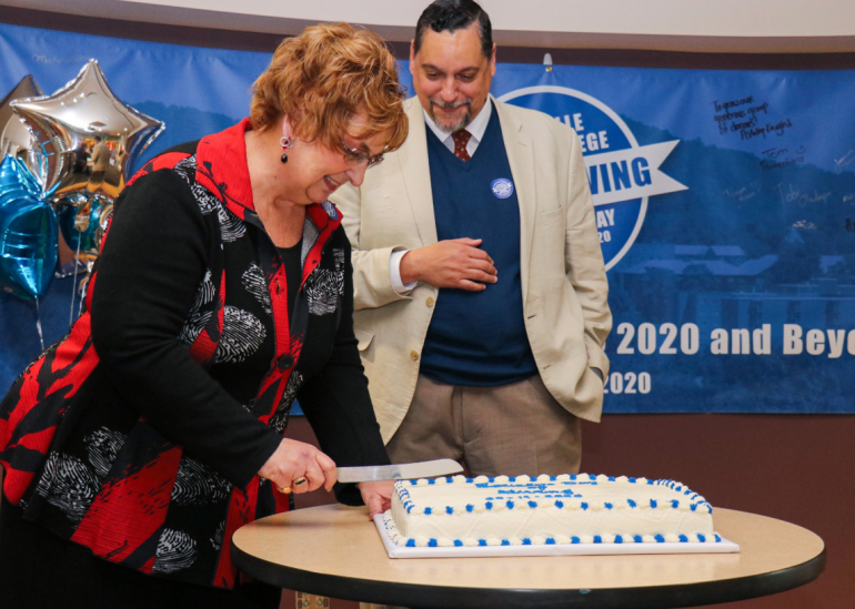 Interim President Dr. Kathy Nelson cuts the Founder's Day cake as part of the 2020 Day of Giving celebration earlier this year (GSC Photo/Kristen Cosner)
