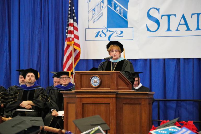 Glenville State College Interim President Dr. Kathleen Nelson addresses students at the Winter Commencement Ceremony