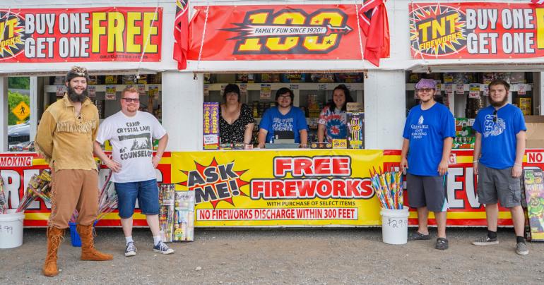 Fine Arts Fireworks Sale The TNT® Fireworks stand in Glenville (located at Foodland Plaza) is stocked and ready to supply residents with fireworks for their Independence Day celebrations. Pictured here are some of the volunteer workers from last season (l-r) Daniel Hinger, Dr. Jason Barr, Brittany Koutsounis, Joe Lutsy, Tina Lowe, Mitchell Blackburn, and James McChesney. (GSU Photo/Kristen Cosner)