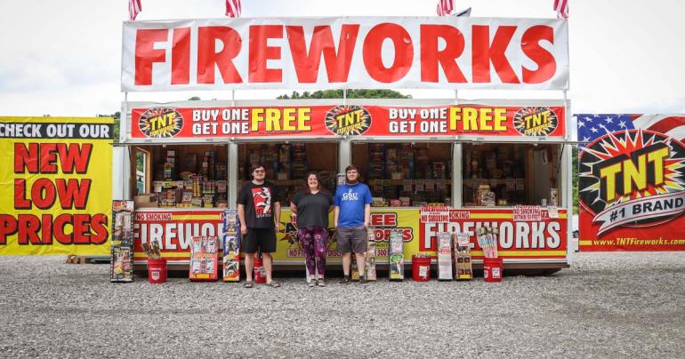The TNT® Fireworks stand in Glenville (located at Foodland Plaza) is stocked and ready to supply residents with fireworks for their Independence Day celebrations. Pictured here are some of the volunteers working the stand this season (l-r) Brady King, Tina Lowe, and James McChesney. (GSU Photo/Seth Stover)
