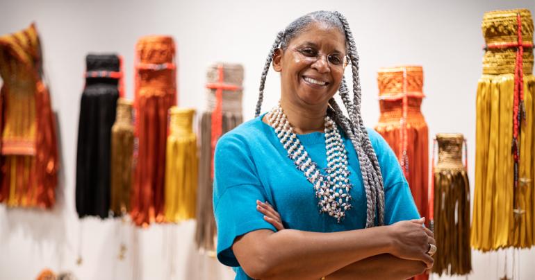 Franchell Mack Brown’s FLAGVIBES exhibit is currently on display at the Art Gallery at Glenville State University. (GSU Photo/Kristen Cosner)