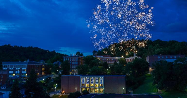 Glenville State College campus with fireworks Glenville State College will be kicking off its sesquicentennial celebration this week! (GSC Photo/Kristen Cosner)