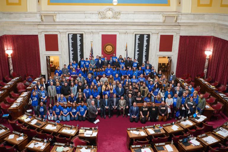 Glenville State Day at the Legislature 2022 Glenville State students, faculty, staff, administrators, and lawmakers inside the House chamber during Glenville State Day at the Legislature on Tuesday, February 22. (GSC Photo/Kristen Cosner)
