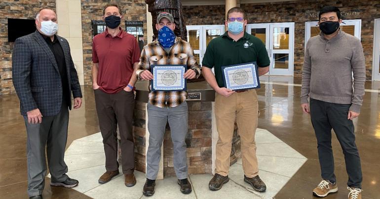 Grafton Sypolt Scholarship Recipients (l-r) Glenville State College Vice President of Advancement David Hutchison, Associate Professor of Forestry Dr. Brian Perkins, Rick Sypolt Scholarship recipient Robert Stearns, Ed Grafton Forestry Scholarship recipient Logan Hosaflook, and Department Chair and Professor of Forestry Dr. Rico Gazal.