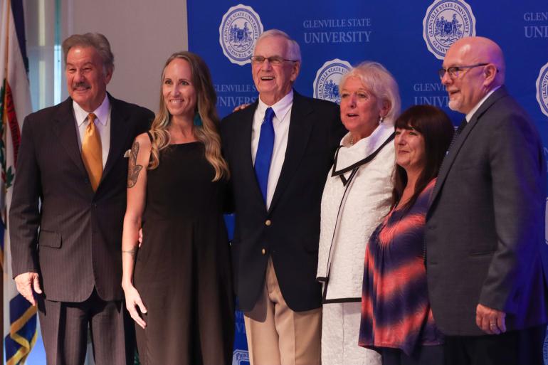 Hall of Fame Inductees 2021 (l-r) Glenville State University President Dr. Mark A. Manchin, Cheryl McHugh, Jim Hamrick, Janet Bailey, Jennifer Harper (daughter of inductee Willie Marshall), and Glenville State University Athletic Director Jesse Skiles. (GSU Photo/Dustin Crutchfield)