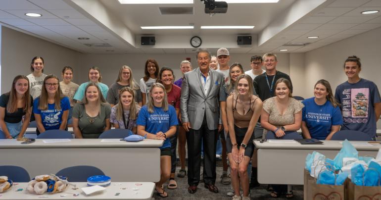 GSU Health Sciences Glenville State University President Dr. Mark A. Manchin (center) with pre-nursing students. (GSU Photo/Kristen Cosner)