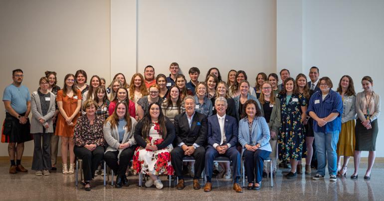 Glenville State University education students, administrators, staff, and faculty members join GSU President Dr. Mark A. Manchin and West Virginia State Superintendent of Schools David L. Roach for a photo. (GSU Photo/Kristen Cosner)