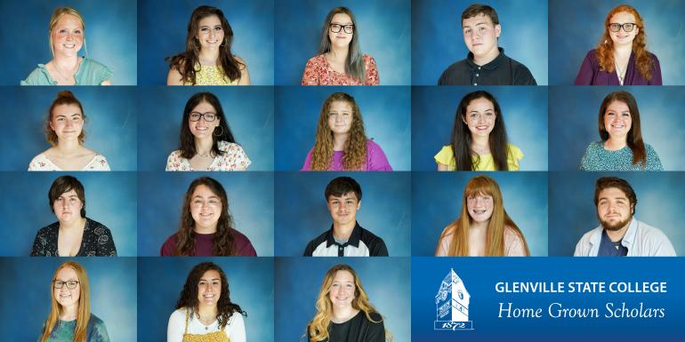 Glenville State College Fall 2021 Home Grown Scholars include (l-r, descending) Faith Bailes, Sydney Beckett, Brenna Bennett, Trenton Brady, Alyssa Brookman, Caliegh Cawthon, Sydney Chafin, Katherine Cooper, Natalie Fout, Rylea Jennings, Marissa King, Paige Persinger, Anthony Rader, Sarah Saunders, Zane Stricker, Lindsay Talley, Lacy Whytsell, and Morgan Wills. Not pictured: Silas Powell, Katelynn Talbert, Autumn Tusing, and Lindsey Walls.