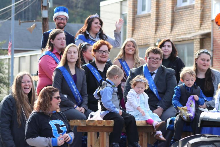 Glenville State College’s 2019 Homecoming Court and Attendants participate in the parade on Main Street in Downtown Glenville as part of the annual Homecoming festivities; the 2020 Homecoming celebration at Glenville State has been postponed with organizers looking to spring 2021 as a time to reschedule the event