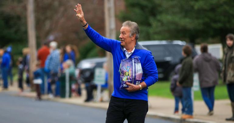 Glenville State University President Dr. Mark Manchin takes part in the annual homecoming parade in 2021. Glenville State’s homecoming parade is scheduled for the morning of Saturday, October 15. Civic and community organizations, bands, elected officials, classic car owners, and more are invited to participate. (GSU Photo/Kristen Cosner)