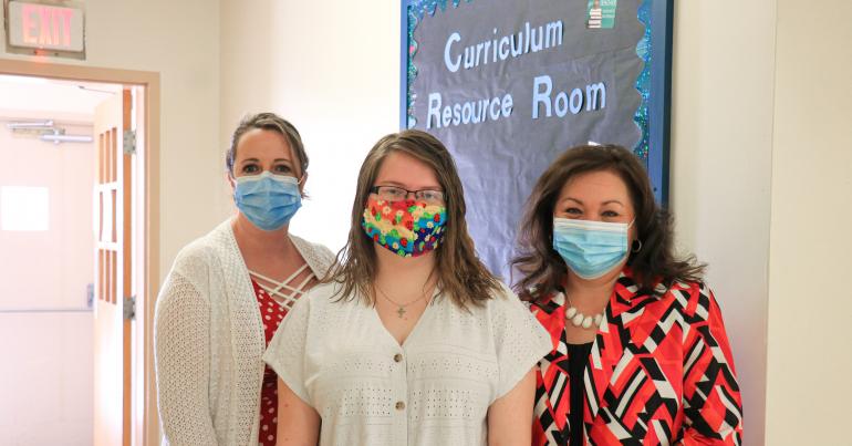 (l-r) Dr. Shelly Ratliff, Morgan Golden, and Connie Stout O'Dell outside the recently opened Curriculum Resource Center at Glenville State College. (GSC Photo/Kristen Cosner)