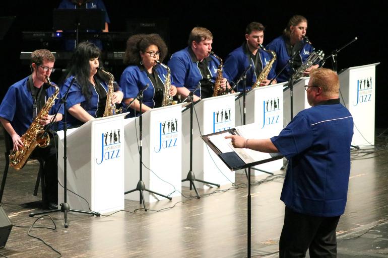 Members of the Glenville State College Jazz Band, under the direction of Dr. Jason Barr, at a previous performance