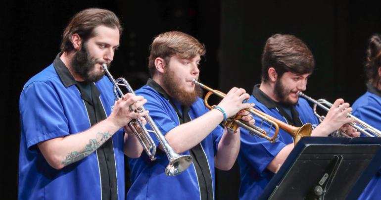 Glenville State University student musicians (l-r) Daniel Hinger, James McChesney, and Stephen Smith at last spring’s jazz concert. The 2023 concert will take place Friday, April 21 at 7:00 p.m. (GSU Photo/Dustin Crutchfield)