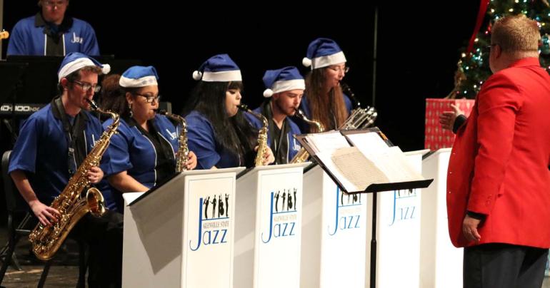 The GSC Jazz Combo, under the direction of Dr. Jason Barr (right), performs jazz inspired holiday tunes at a previous concert.