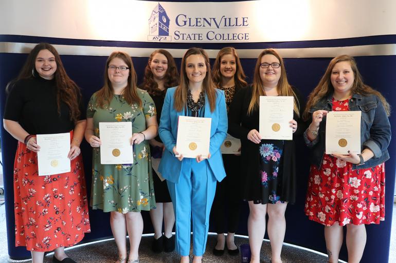 Spring 2020 inductees to Glenville State College’s Kappa Omicron chapter of international education honor society Kappa Delta Pi (l-r) Hannah Allen, Morgan Golden, Paige Fields, Taylor McClain, Carissa Yoak, Bryce McCourt, Raeann Sickles (Karra Smith not pictured) (GSC Photo/Dustin Crutchfield)