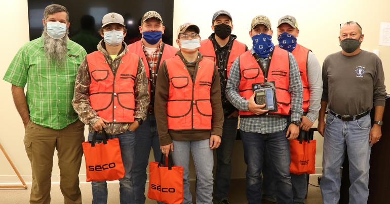 Glenville State College Land Surveying students with some of the donations they recently received; pictured (l-r) Jason Cobb, Ben Sturtevant, Jack Raitz, Logan Phares, Will Jackson, Ronald “Abe” Stearns, Tucker Hunt, Doyle Hupp (GSC Photo/Dustin Crutchfield)