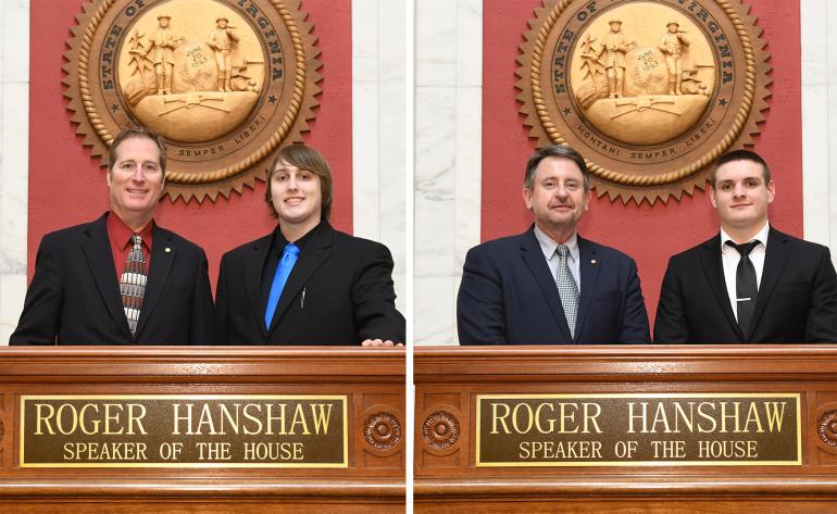 2019 Legislative Interns Chance McTaggart (at left with Delegate Tom Fast) and Lucas Bonnett (at right with Delegate Brent Boggs) | WV Legislative Photo by Perry Bennett