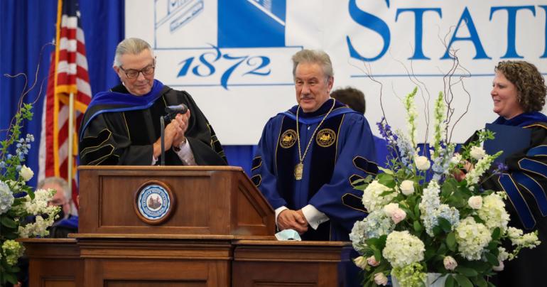 Glenville State College Board of Governors Chair Mike Rust and WV Higher Education Policy Commission Chancellor Dr. Sarah Tucker officially install Dr. Mark A. Manchin (center) as Glenville State College’s 26th President. (GSC Photo/Kristen Cosner)