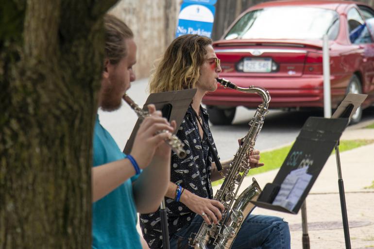 Pioneer Marching Band members take part in a socially distant practice session during their annual band camp Pioneer Marching Band members take part in a socially distant practice session during their annual band camp