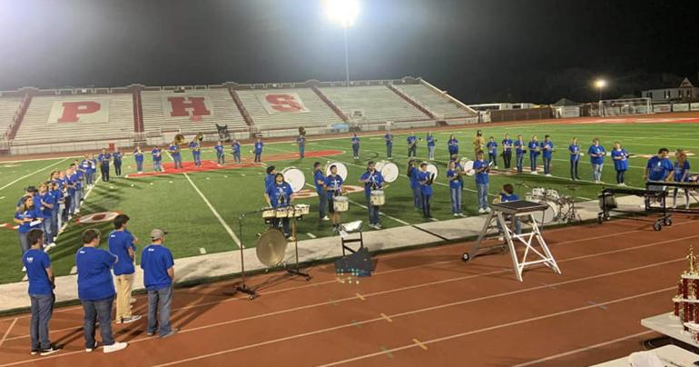 The Glenville State University Marching Band performing at the Big Red Band Invitational in 2021.